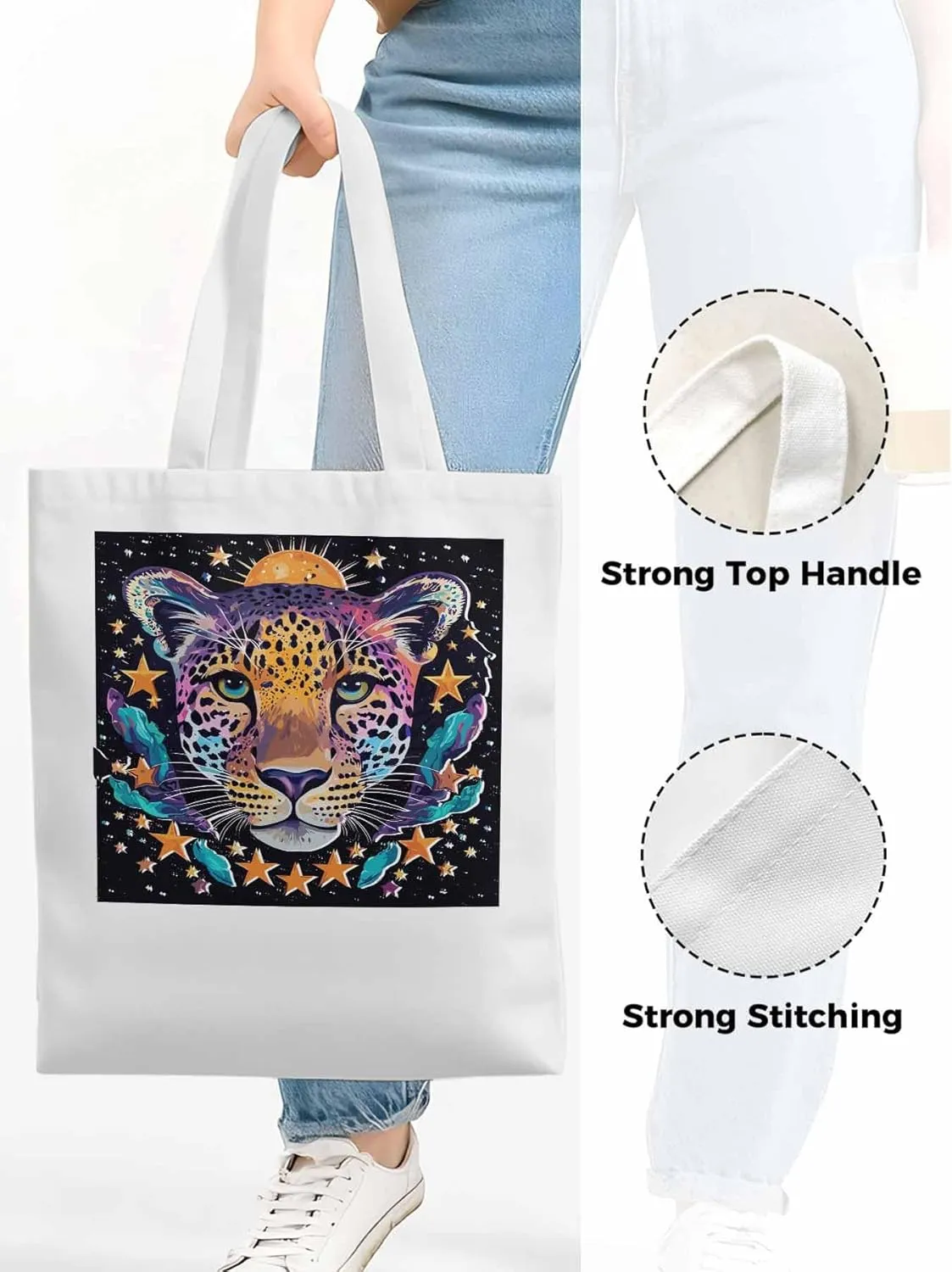 Leopard Star Moon Starry Sky Canvas Tote Bag, Aesthetic Canvas Tote Handbags for Women Shoulder Bag