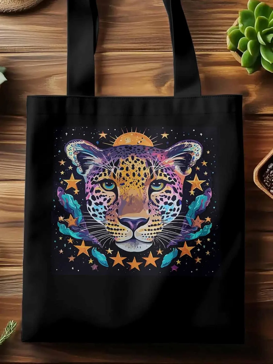 Leopard Star Moon Starry Sky Canvas Tote Bag, Aesthetic Canvas Tote Handbags for Women Shoulder Bag