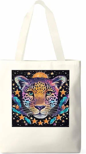 Leopard Star Moon Starry Sky Canvas Tote Bag, Aesthetic Canvas Tote Handbags for Women Shoulder Bag