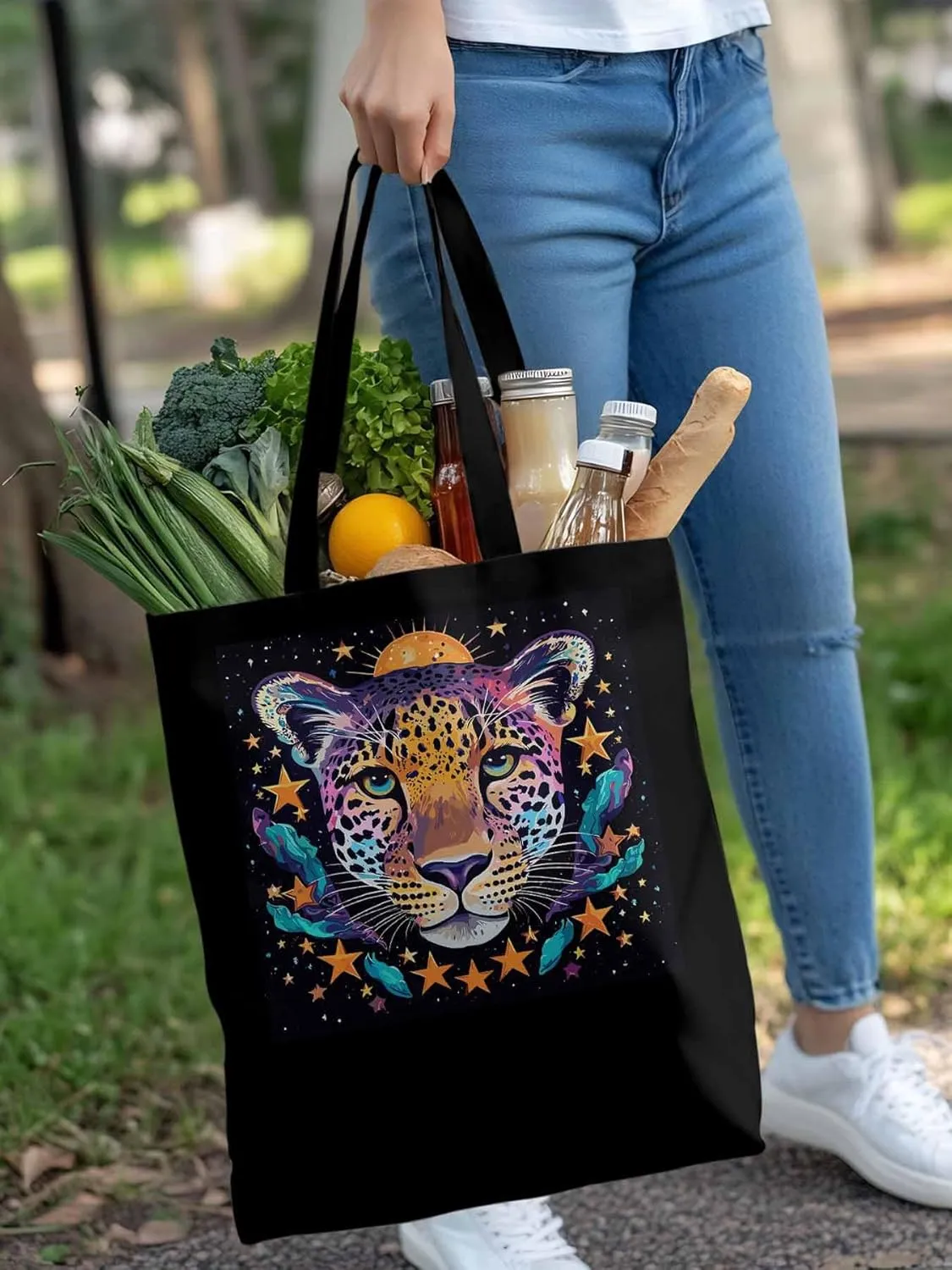 Leopard Star Moon Starry Sky Canvas Tote Bag, Aesthetic Canvas Tote Handbags for Women Shoulder Bag