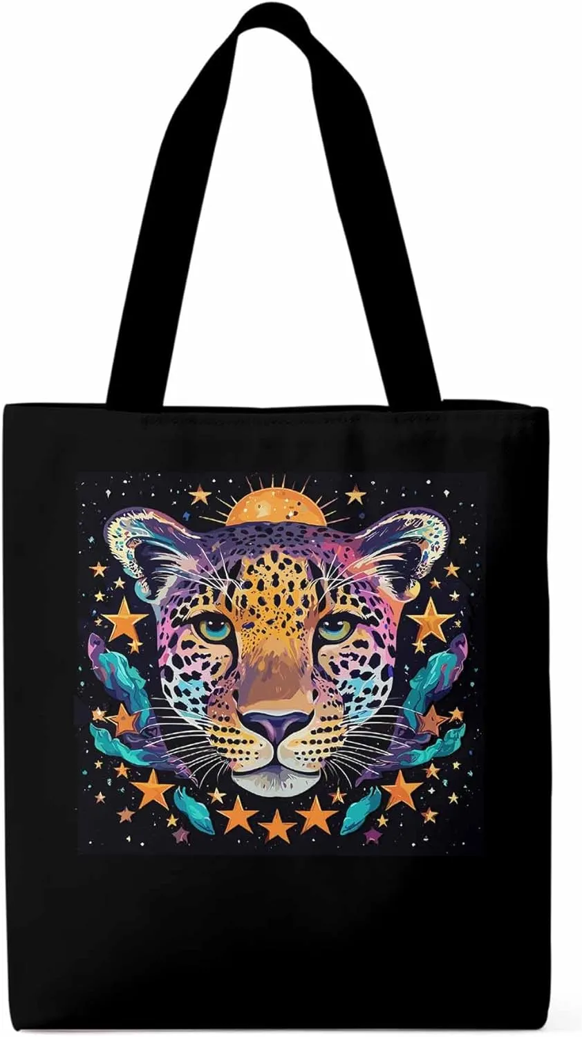 Leopard Star Moon Starry Sky Canvas Tote Bag, Aesthetic Canvas Tote Handbags for Women Shoulder Bag