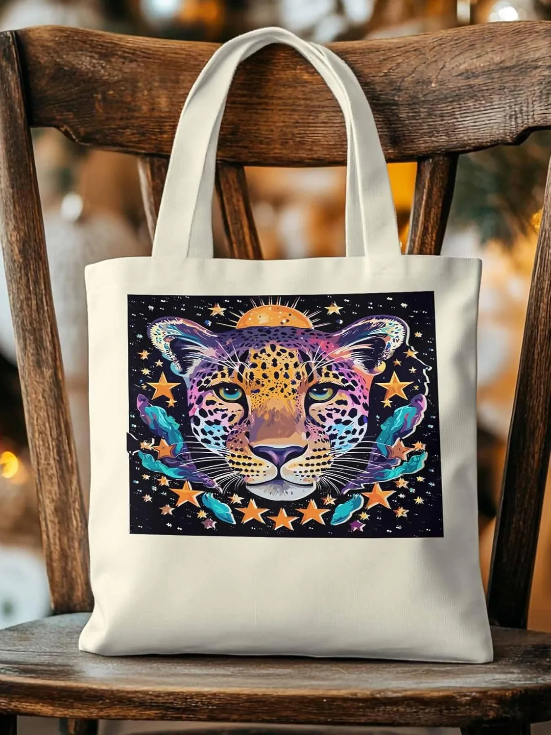 Leopard Star Moon Starry Sky Canvas Tote Bag, Aesthetic Canvas Tote Handbags for Women Shoulder Bag