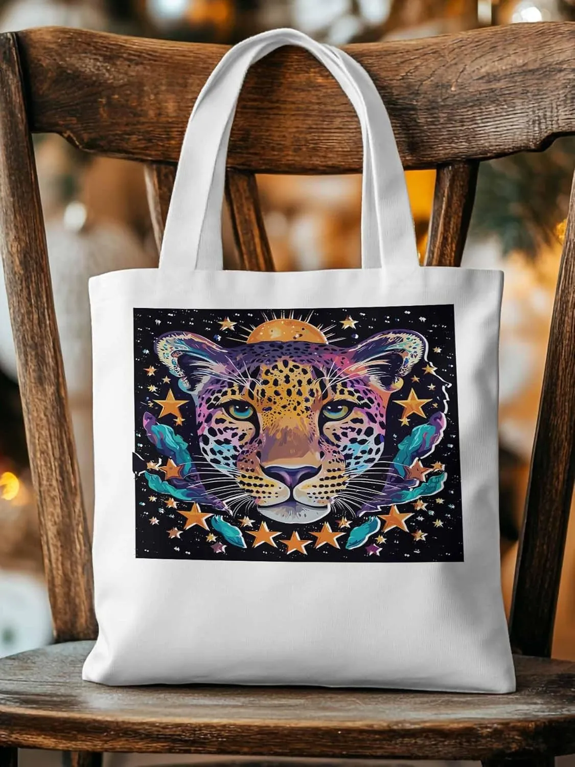 Leopard Star Moon Starry Sky Canvas Tote Bag, Aesthetic Canvas Tote Handbags for Women Shoulder Bag