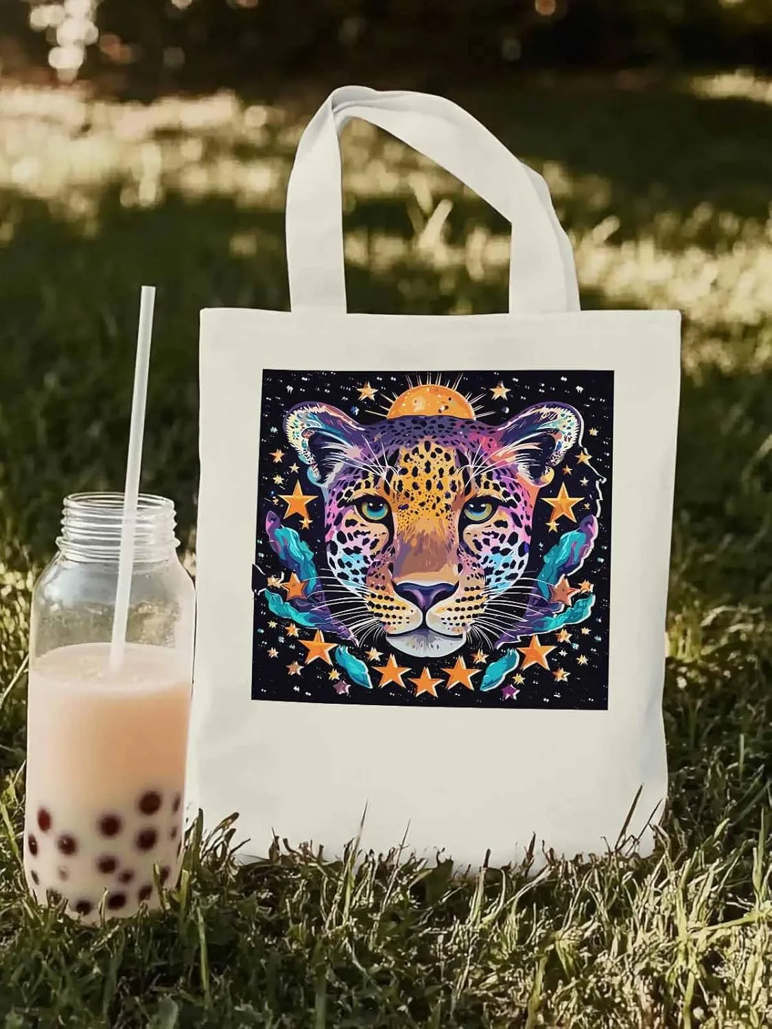Leopard Star Moon Starry Sky Canvas Tote Bag, Aesthetic Canvas Tote Handbags for Women Shoulder Bag