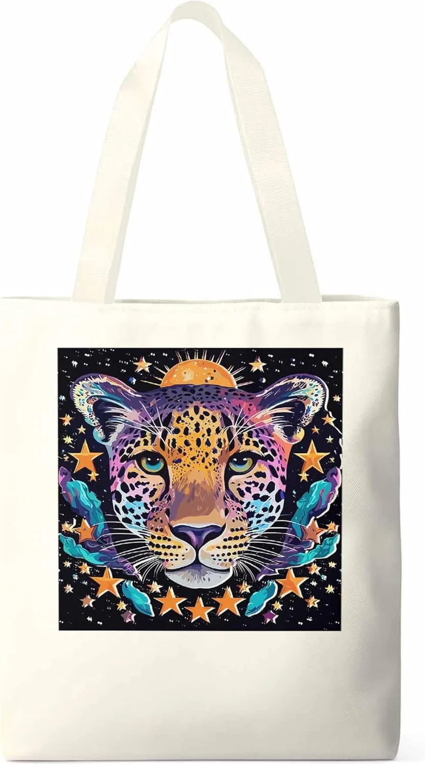 Leopard Star Moon Starry Sky Canvas Tote Bag, Aesthetic Canvas Tote Handbags for Women Shoulder Bag