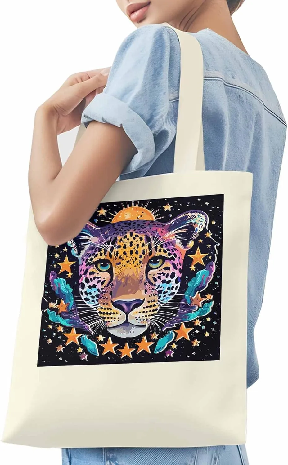 Leopard Star Moon Starry Sky Canvas Tote Bag, Aesthetic Canvas Tote Handbags for Women Shoulder Bag