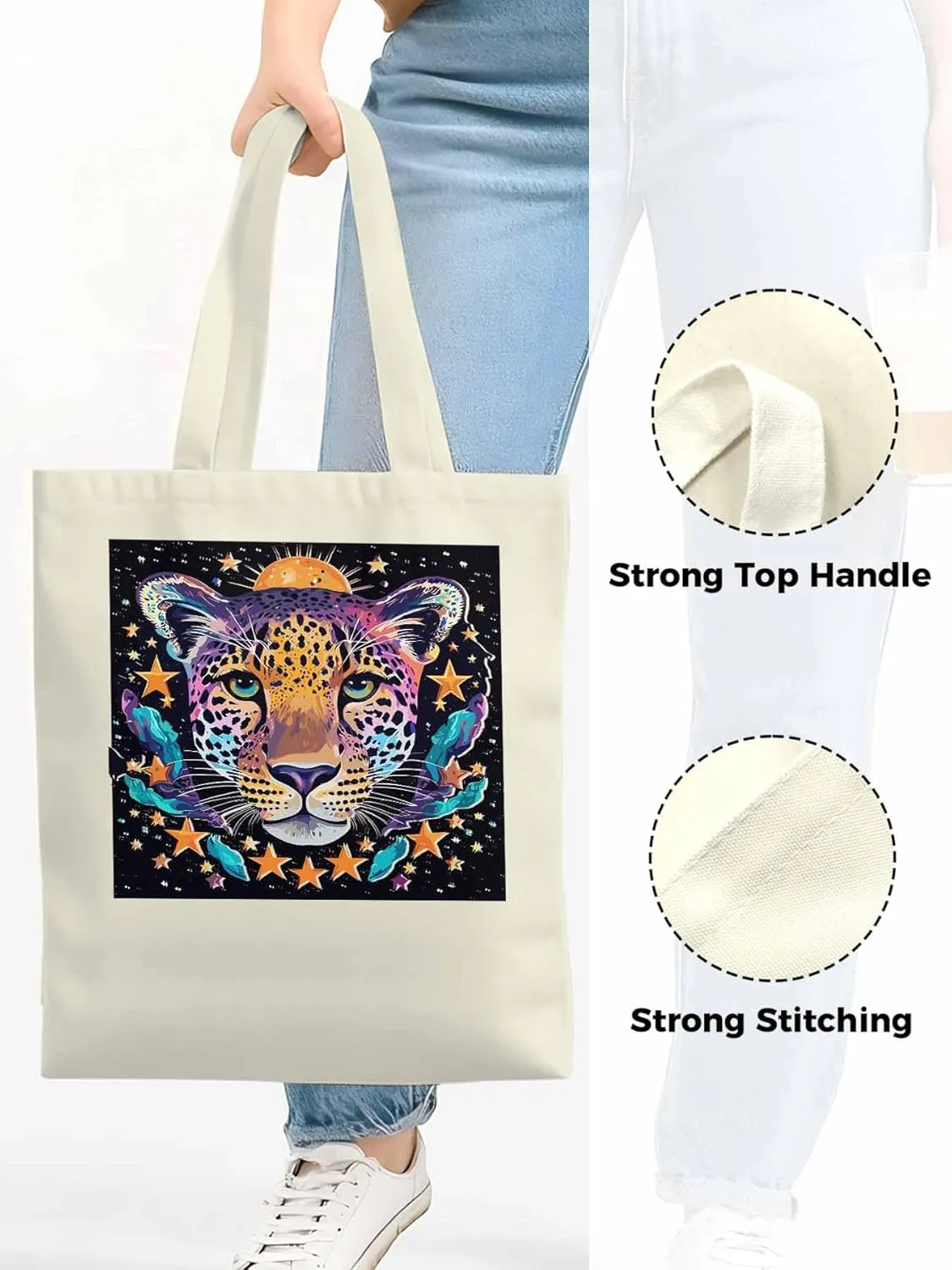 Leopard Star Moon Starry Sky Canvas Tote Bag, Aesthetic Canvas Tote Handbags for Women Shoulder Bag