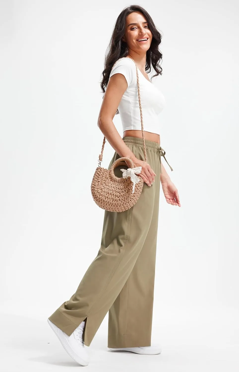 Libin Women's Lightweight Wide Leg Pants 27"/29" High Waisted Casual Work Pants Lounge Flowy Trousers with Pockets