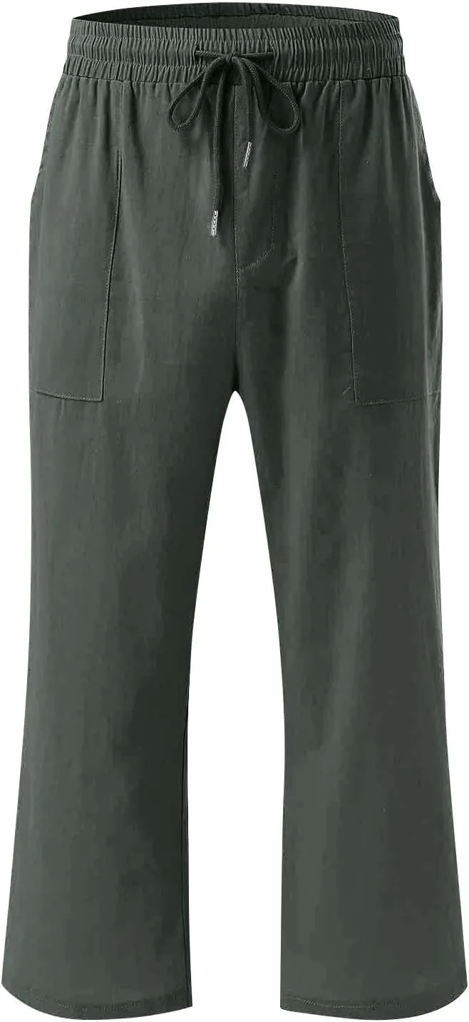 Linen Capri Pants for Women Casual Summer Capris Drawstring High Waist Pants Wide Leg Cropped Trousers with Pockets