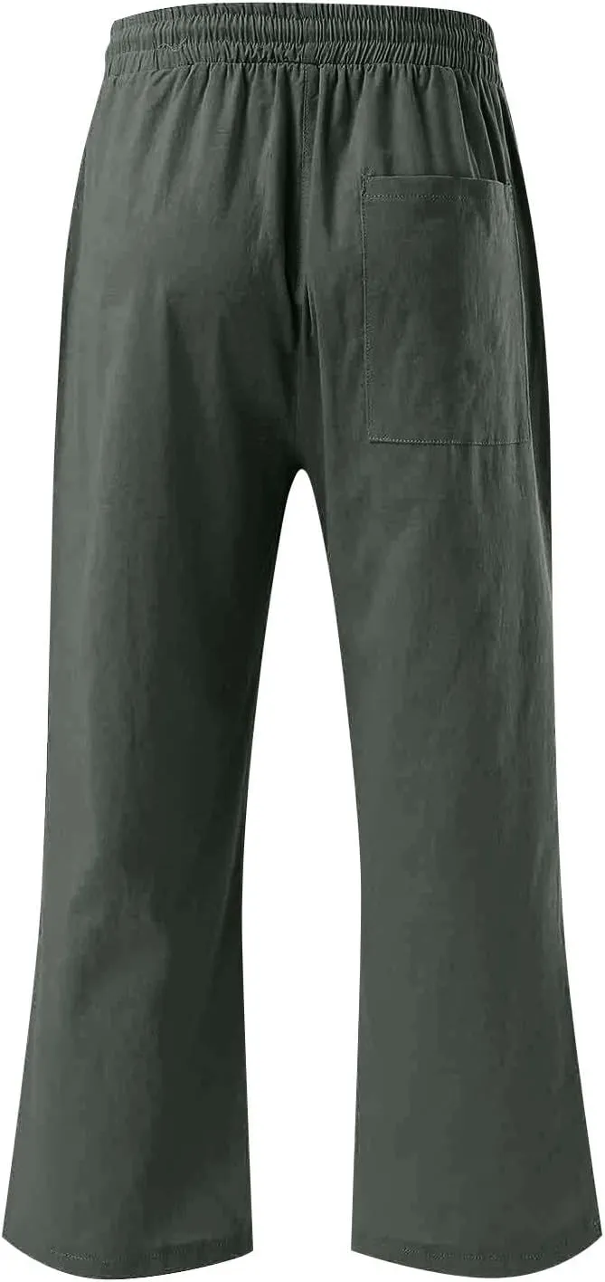 Linen Capri Pants for Women Casual Summer Capris Drawstring High Waist Pants Wide Leg Cropped Trousers with Pockets