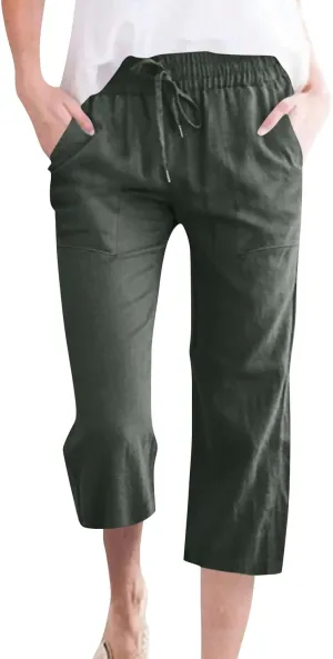 Linen Capri Pants for Women Casual Summer Capris Drawstring High Waist Pants Wide Leg Cropped Trousers with Pockets