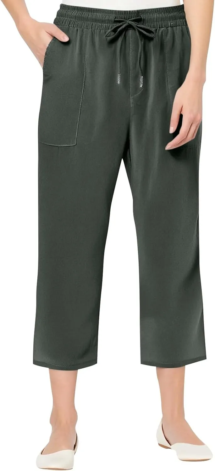 Linen Capri Pants for Women Casual Summer Capris Drawstring High Waist Pants Wide Leg Cropped Trousers with Pockets