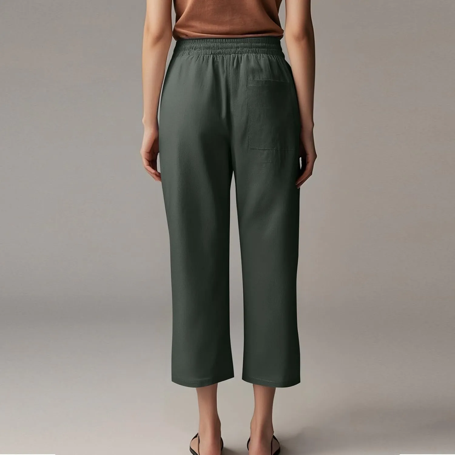 Linen Capri Pants for Women Casual Summer Capris Drawstring High Waist Pants Wide Leg Cropped Trousers with Pockets