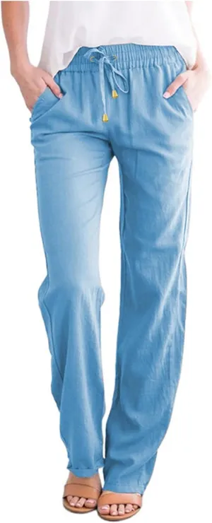 Linen Pants for Women Elastic Waist Straight Leg Pants Summer Casual Yoga Beach Pants 2025 Comfy Trousers with Pocket