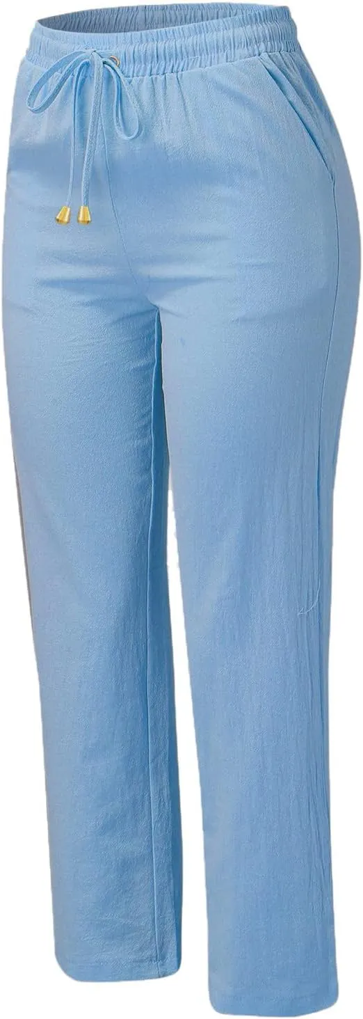 Linen Pants for Women Elastic Waist Straight Leg Pants Summer Casual Yoga Beach Pants 2025 Comfy Trousers with Pocket