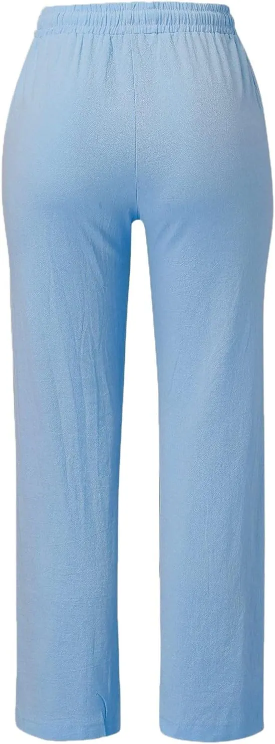Linen Pants for Women Elastic Waist Straight Leg Pants Summer Casual Yoga Beach Pants 2025 Comfy Trousers with Pocket