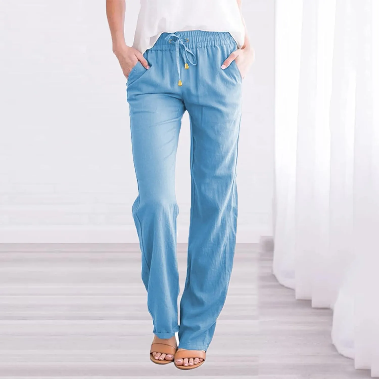 Linen Pants for Women Elastic Waist Straight Leg Pants Summer Casual Yoga Beach Pants 2025 Comfy Trousers with Pocket