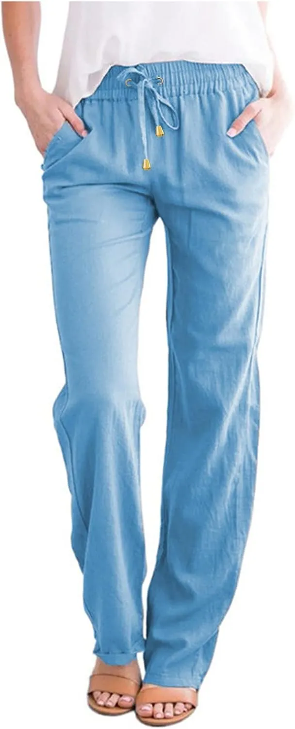 Linen Pants for Women Elastic Waist Straight Leg Pants Summer Casual Yoga Beach Pants 2025 Comfy Trousers with Pocket