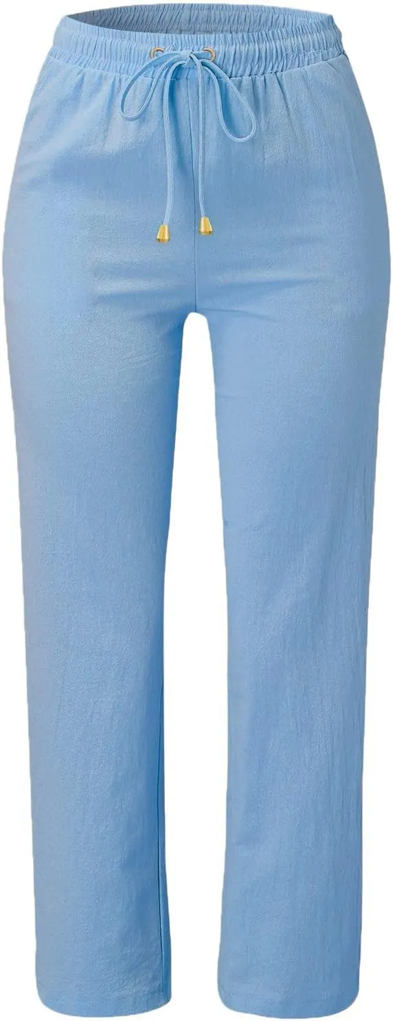Linen Pants for Women Elastic Waist Straight Leg Pants Summer Casual Yoga Beach Pants 2025 Comfy Trousers with Pocket