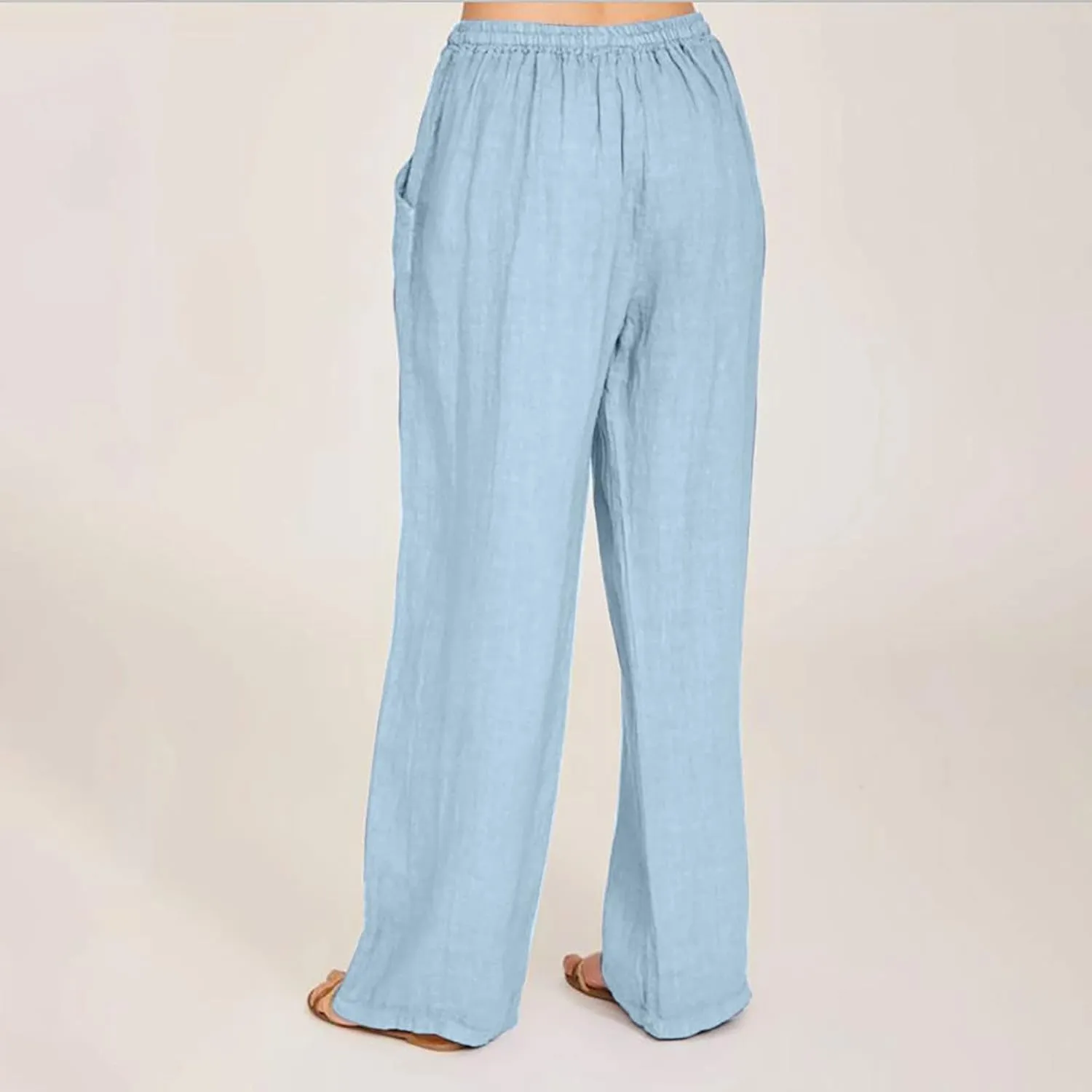 Linen Pants for Women Summer Drawstring Pockets Wide Leg Loose Casual Cotton Linen Palazzo Pants Clothes Casual