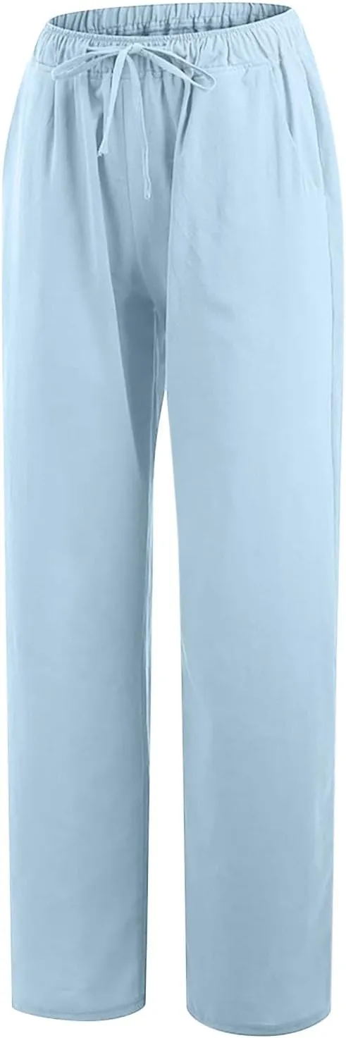 Linen Pants for Women Summer Drawstring Pockets Wide Leg Loose Casual Cotton Linen Palazzo Pants Clothes Casual