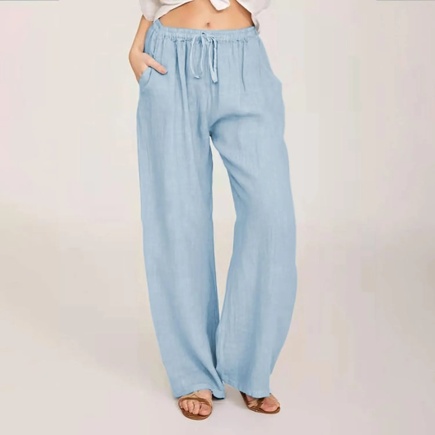 Linen Pants for Women Summer Drawstring Pockets Wide Leg Loose Casual Cotton Linen Palazzo Pants Clothes Casual