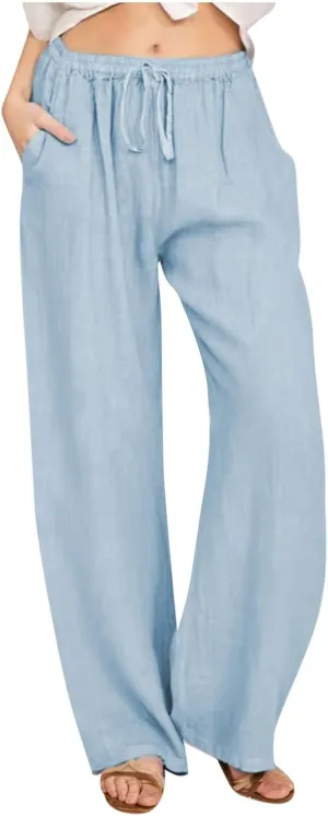 Linen Pants for Women Summer Drawstring Pockets Wide Leg Loose Casual Cotton Linen Palazzo Pants Clothes Casual