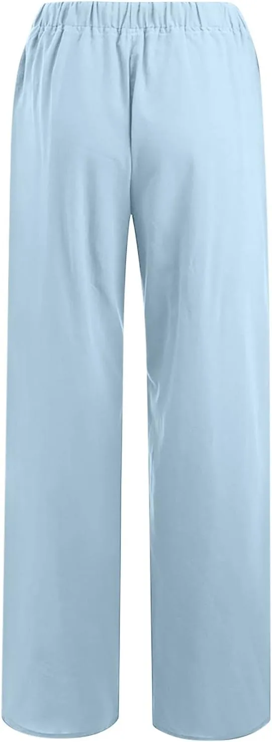 Linen Pants for Women Summer Drawstring Pockets Wide Leg Loose Casual Cotton Linen Palazzo Pants Clothes Casual