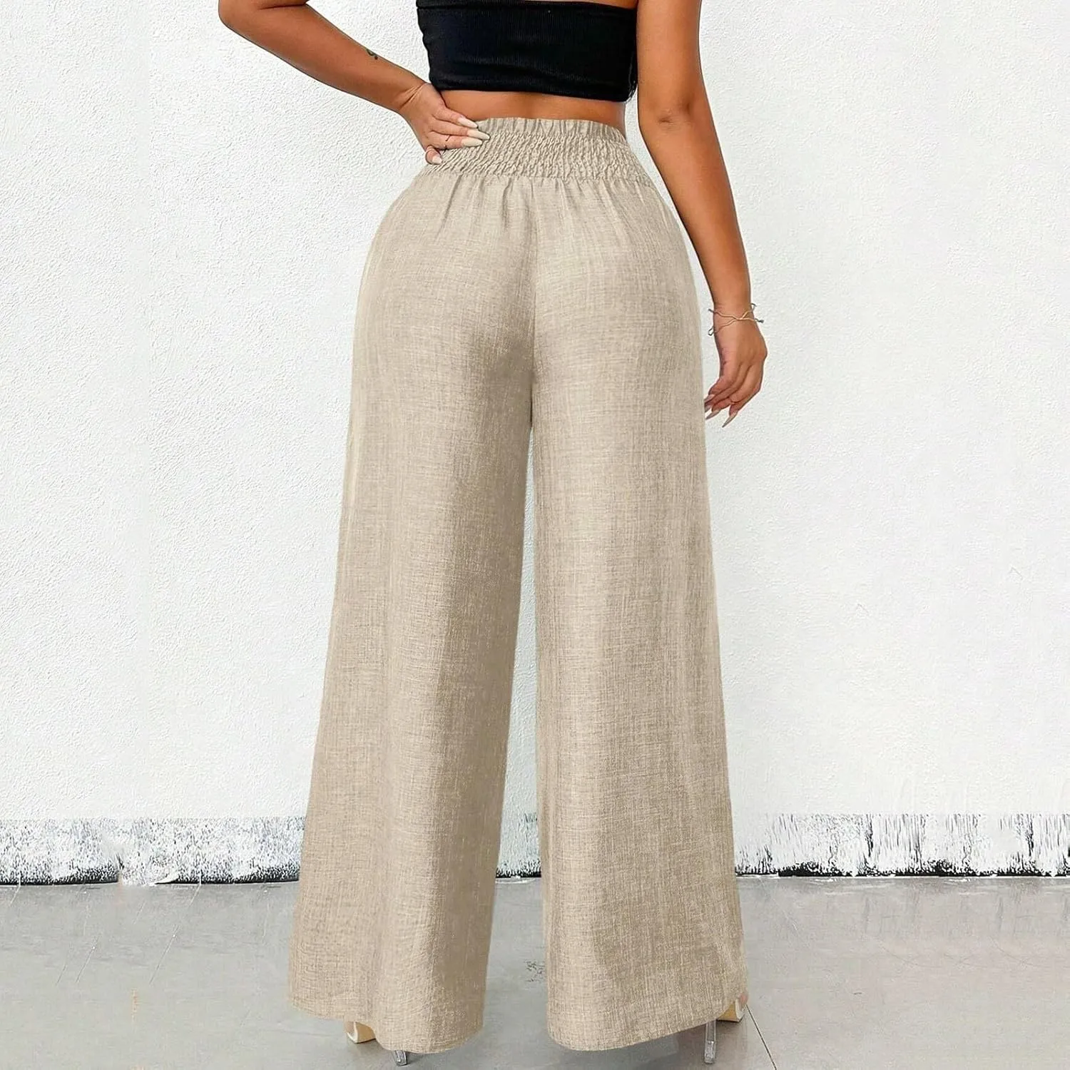 Linen Pants Women Casual Smocked Elastic High Waisted Palazzo Pants with Pockets Summer Lightweight Baggy Dressy Trouser