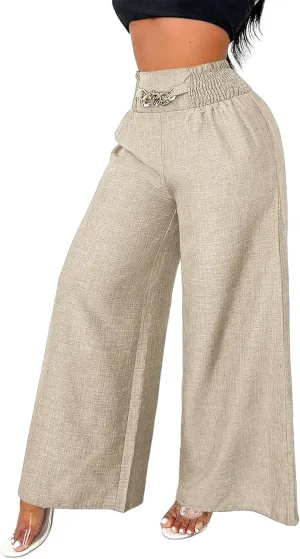 Linen Pants Women Casual Smocked Elastic High Waisted Palazzo Pants with Pockets Summer Lightweight Baggy Dressy Trouser