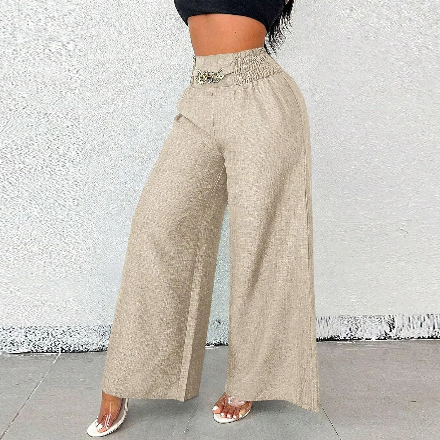 Linen Pants Women Casual Smocked Elastic High Waisted Palazzo Pants with Pockets Summer Lightweight Baggy Dressy Trouser