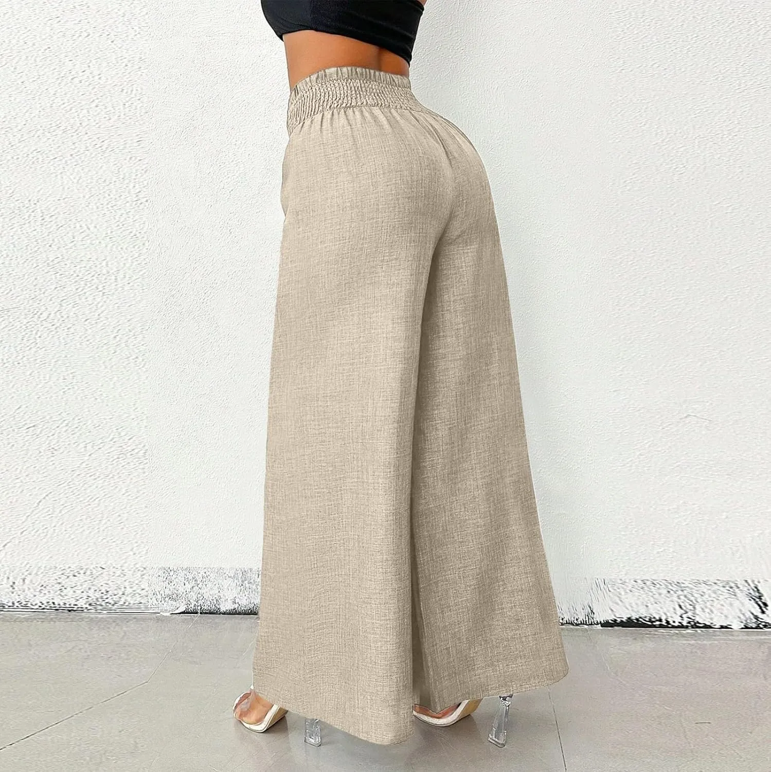 Linen Pants Women Casual Smocked Elastic High Waisted Palazzo Pants with Pockets Summer Lightweight Baggy Dressy Trouser