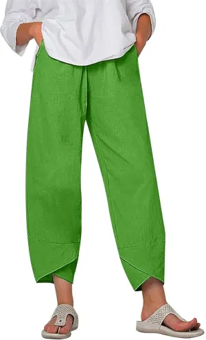 Linen Pants Women Summer Trendy Wide Leg Tulip Hem Trousers Casual Lightweight Elastic High Waist Beach Palazzo