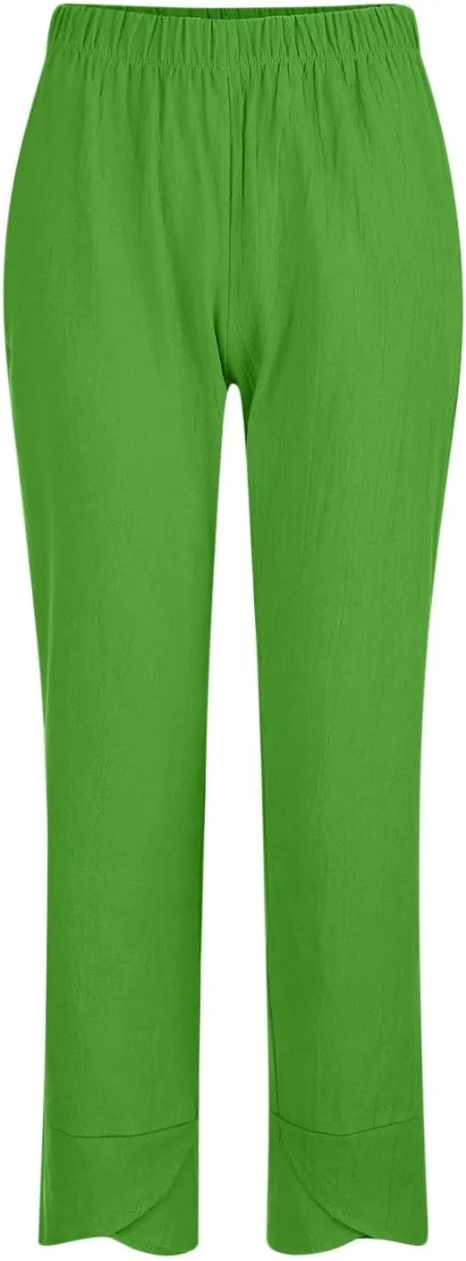Linen Pants Women Summer Trendy Wide Leg Tulip Hem Trousers Casual Lightweight Elastic High Waist Beach Palazzo
