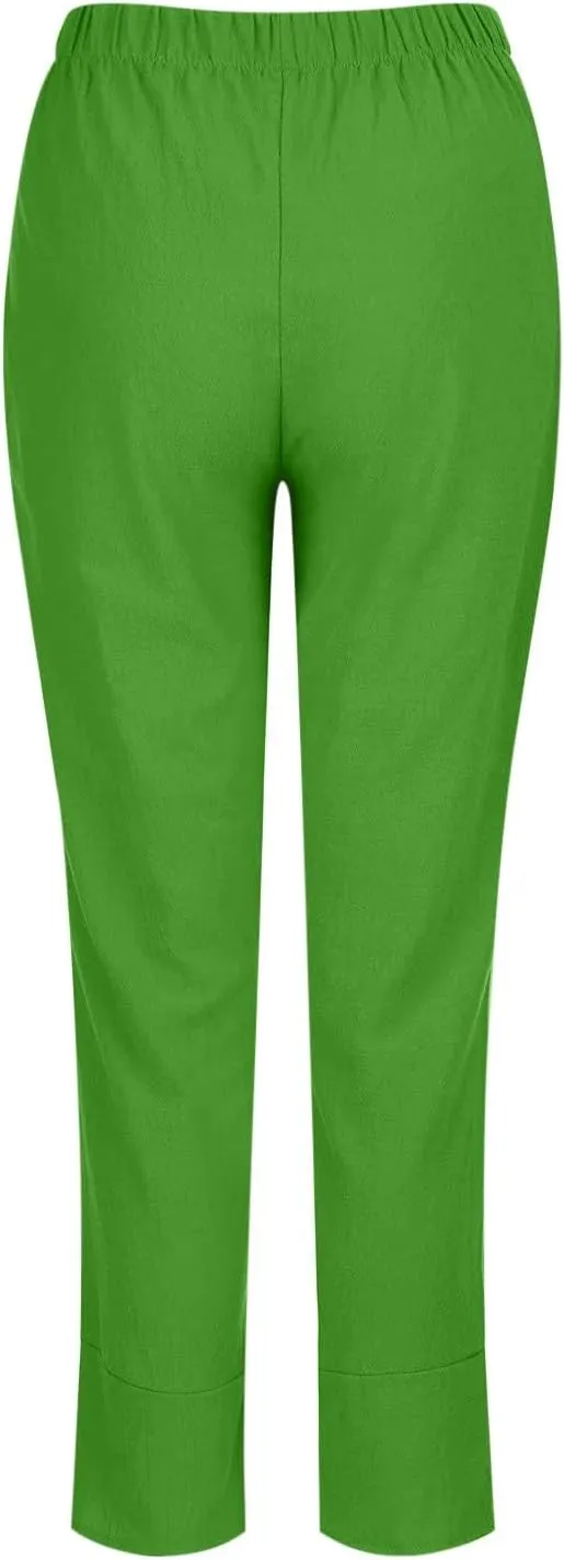 Linen Pants Women Summer Trendy Wide Leg Tulip Hem Trousers Casual Lightweight Elastic High Waist Beach Palazzo