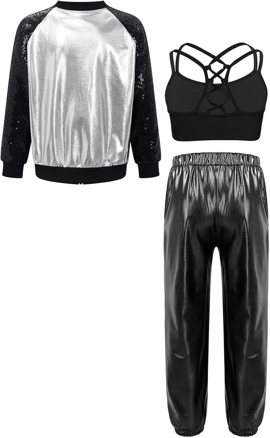 Linjinx Kids Girls 3Pcs Dance Tracksuit Crop Top High Waist Pants Sequins Long Sleeve Metallic Jacket Performance Set
