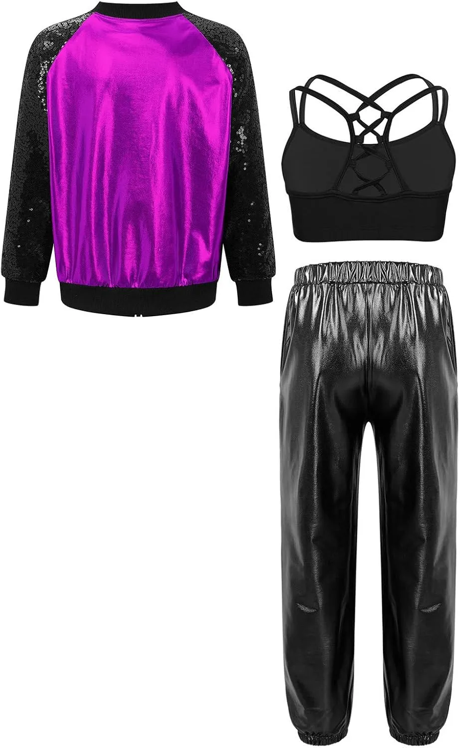 Linjinx Kids Girls 3Pcs Dance Tracksuit Crop Top High Waist Pants Sequins Long Sleeve Metallic Jacket Performance Set
