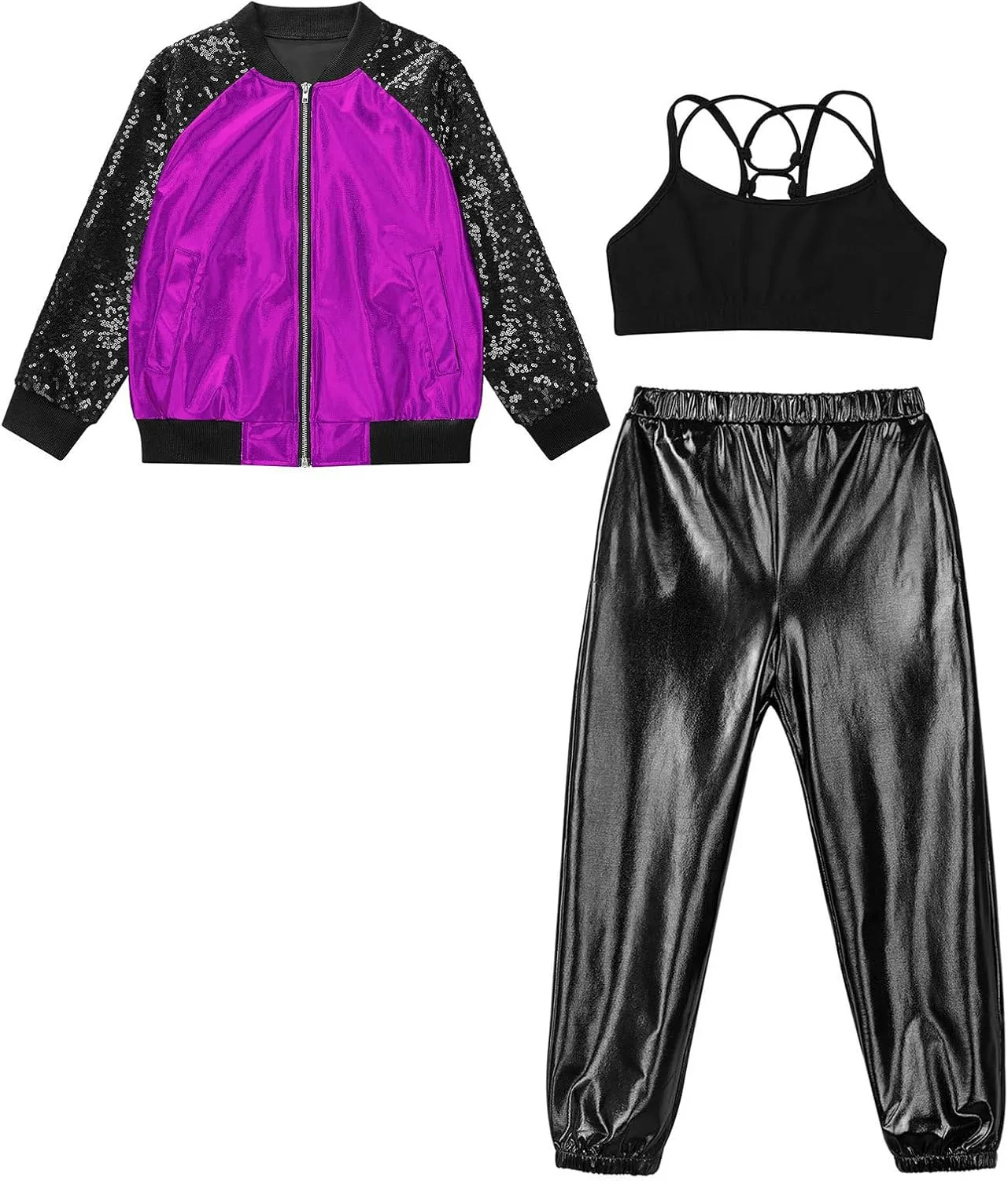 Linjinx Kids Girls 3Pcs Dance Tracksuit Crop Top High Waist Pants Sequins Long Sleeve Metallic Jacket Performance Set