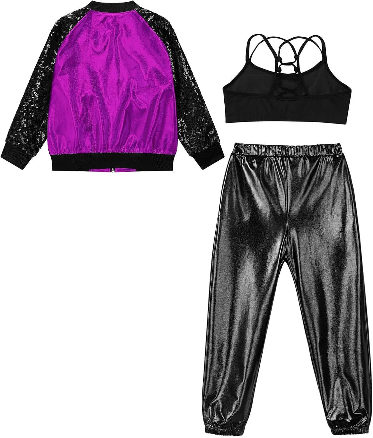Linjinx Kids Girls 3Pcs Dance Tracksuit Crop Top High Waist Pants Sequins Long Sleeve Metallic Jacket Performance Set