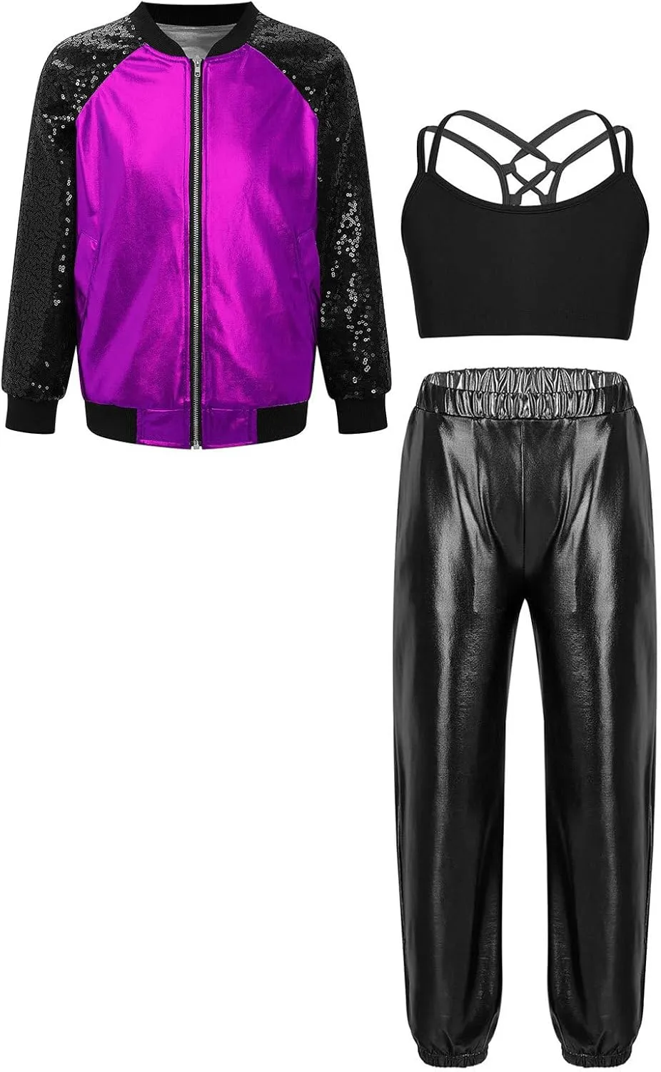 Linjinx Kids Girls 3Pcs Dance Tracksuit Crop Top High Waist Pants Sequins Long Sleeve Metallic Jacket Performance Set