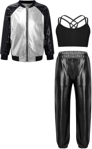 Linjinx Kids Girls 3Pcs Dance Tracksuit Crop Top High Waist Pants Sequins Long Sleeve Metallic Jacket Performance Set