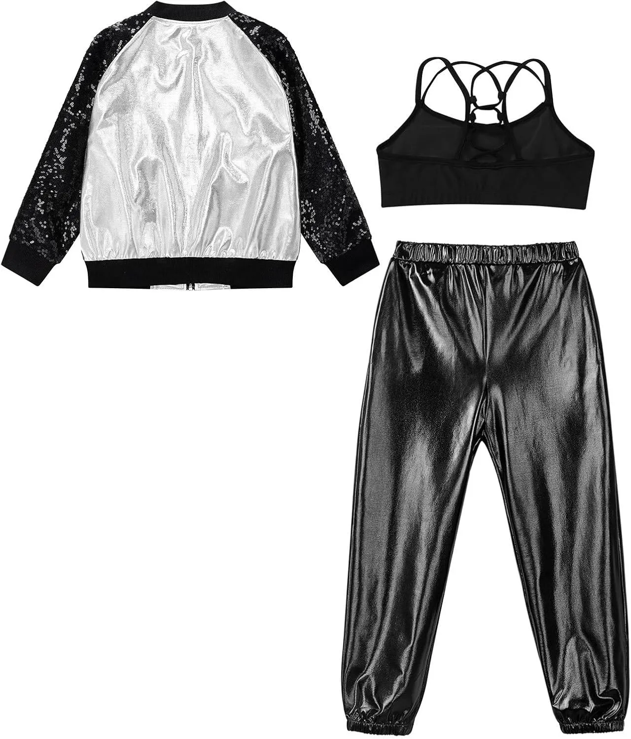 Linjinx Kids Girls 3Pcs Dance Tracksuit Crop Top High Waist Pants Sequins Long Sleeve Metallic Jacket Performance Set