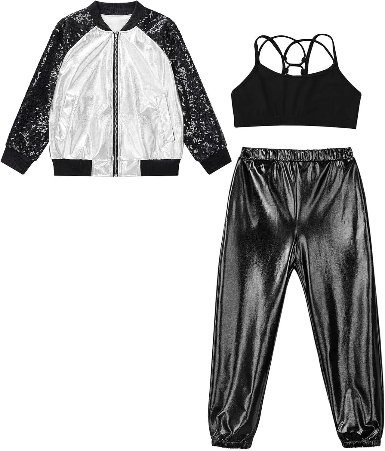 Linjinx Kids Girls 3Pcs Dance Tracksuit Crop Top High Waist Pants Sequins Long Sleeve Metallic Jacket Performance Set