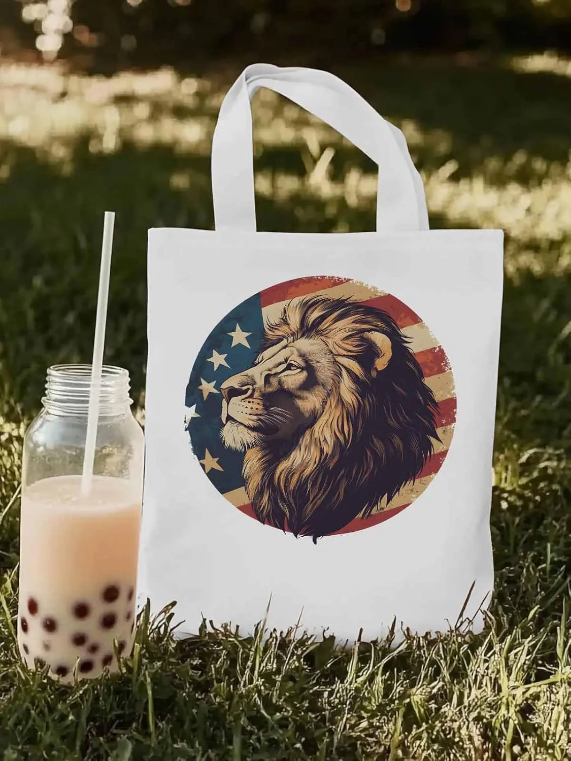 Lion American Flag Canvas Tote Bag, Aesthetic Canvas Tote Handbags for Women Shoulder Bag