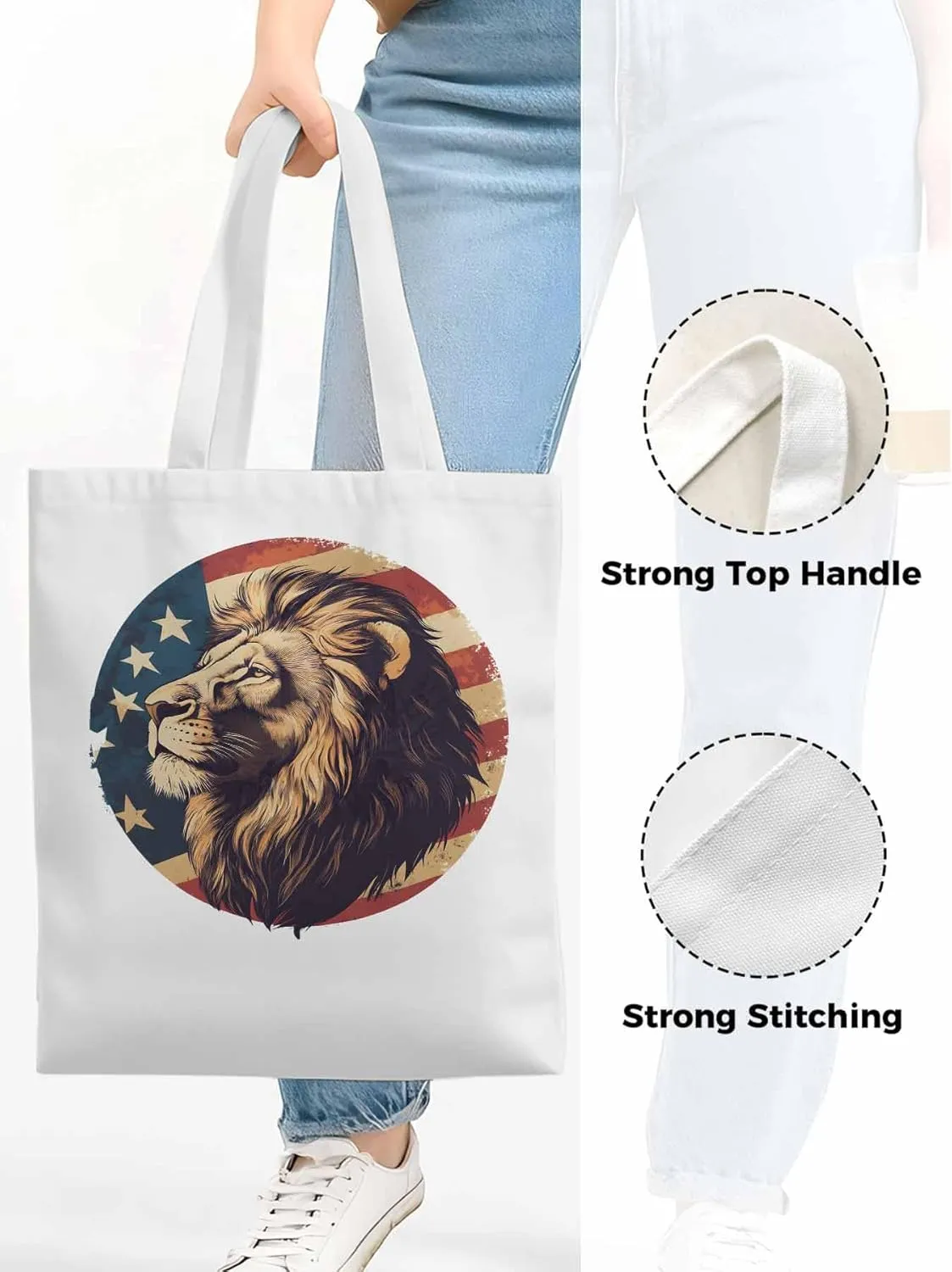 Lion American Flag Canvas Tote Bag, Aesthetic Canvas Tote Handbags for Women Shoulder Bag
