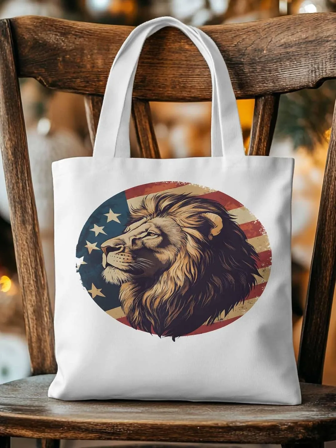 Lion American Flag Canvas Tote Bag, Aesthetic Canvas Tote Handbags for Women Shoulder Bag