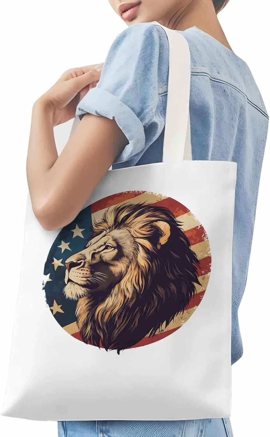 Lion American Flag Canvas Tote Bag, Aesthetic Canvas Tote Handbags for Women Shoulder Bag