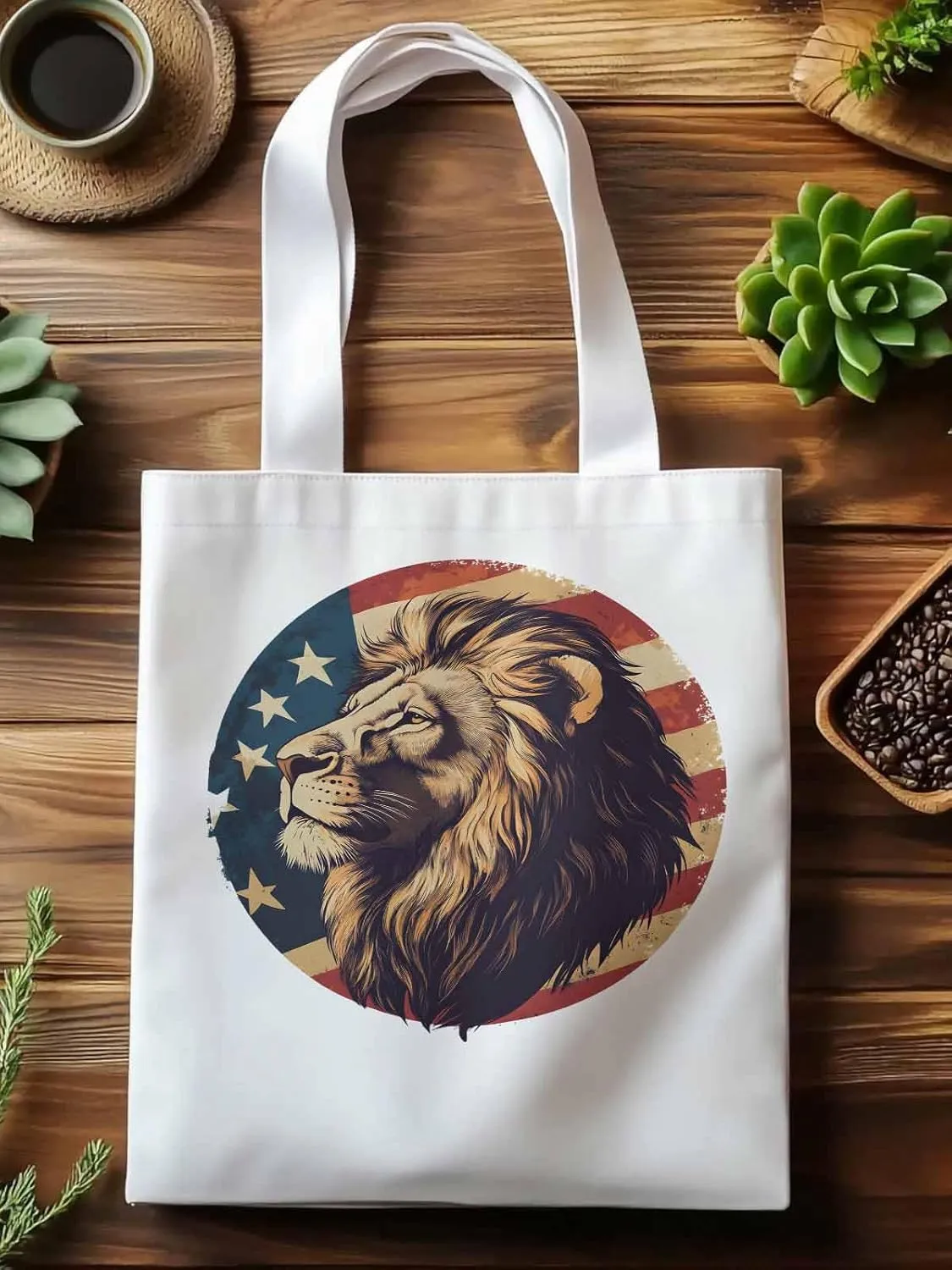 Lion American Flag Canvas Tote Bag, Aesthetic Canvas Tote Handbags for Women Shoulder Bag
