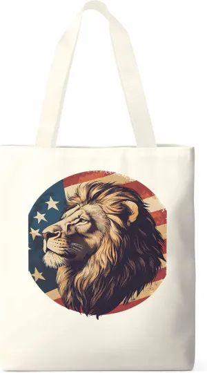Lion American Flag Canvas Tote Bag, Aesthetic Canvas Tote Handbags for Women Shoulder Bag