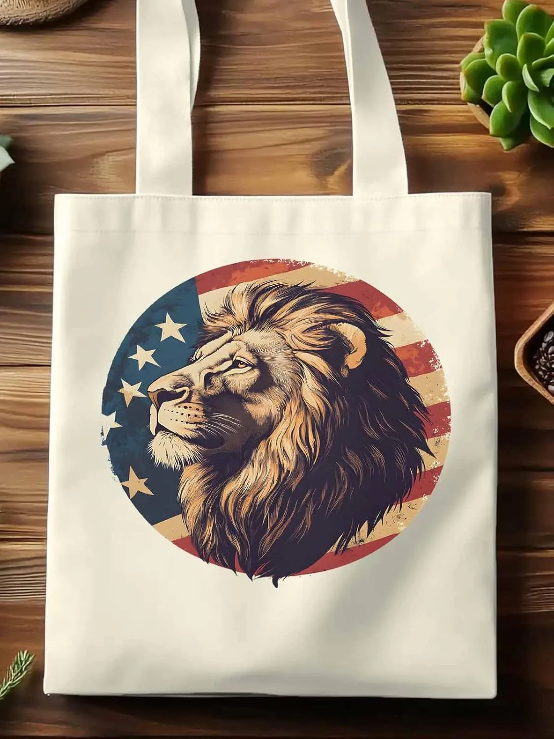 Lion American Flag Canvas Tote Bag, Aesthetic Canvas Tote Handbags for Women Shoulder Bag
